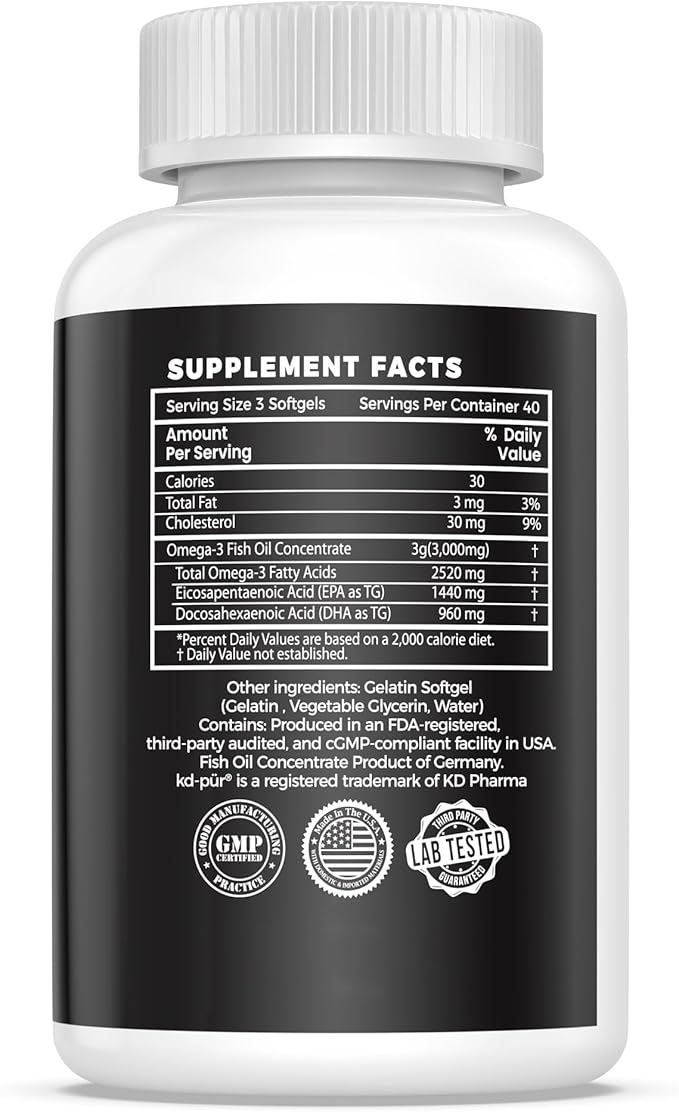 VANI Omega 3 Fish Oil - Pharmaceutical Grade - 2520mg with EPA & DHA, Made in USA with Premium Germany Fish Oil KD-PÜR® - 120 Softgels