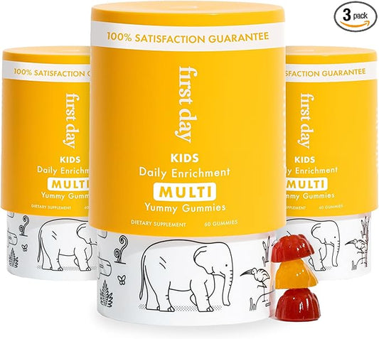 FIRST DAY Kids Essential Multivitamin Gummies, Vitamin A, D3, B6, B12, C, K2 & More + Organic Fruits & Veggies for Growth, Brain, Immunity. Natural Strawberry & Orange Flavor, Low Sugar. 90-Day Supply