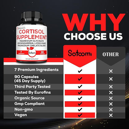 Satoomi 7in1 Cortisol Supplement - Magnesium Glycinate with Ashwagandha, Magnesium Glycinate and Citrate - Mood & Rest Well & Resilience - 90 Capsules for 45 Days