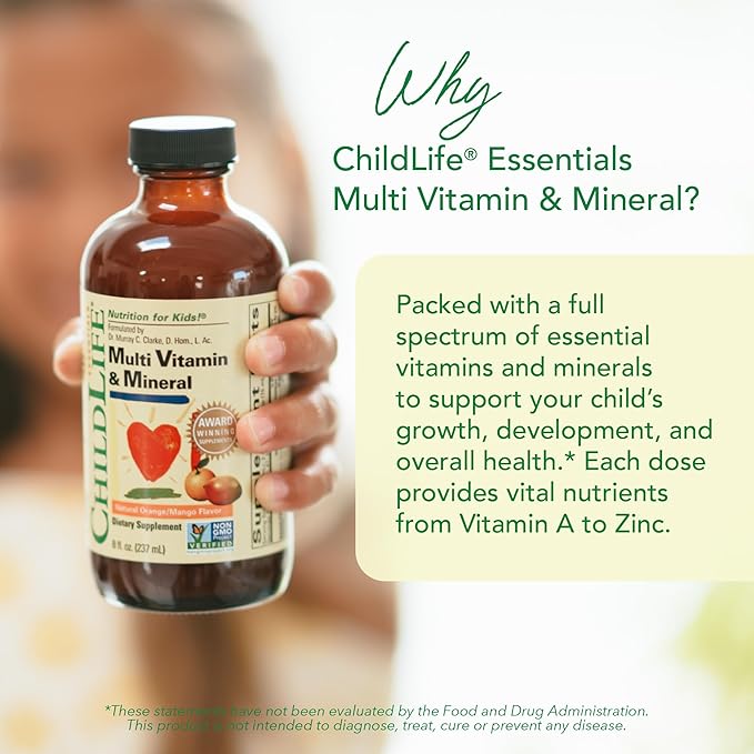 CHILDLIFE ESSENTIALS Kids Multivitamin & Mineral - Kids Vitamins, Liquid Multivitamin for Kids, Toddler Multivitamins, Liquid Vitamins, Baby Multivitamin - Natural Orange & Mango, 8 Fl Oz (Pack of 4)