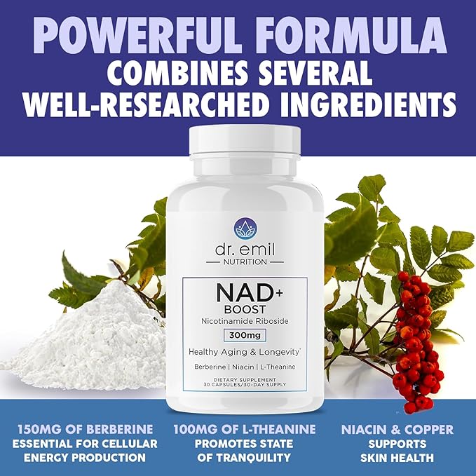 DR. EMIL NUTRITION NAD+ Boost - Nicotinamide Riboside Supplement for Longevity, Healthy Aging & Cellular Regeneration - NAD Supplement with with Berberine, L-Theanine & Niacin - 30-Day Supply