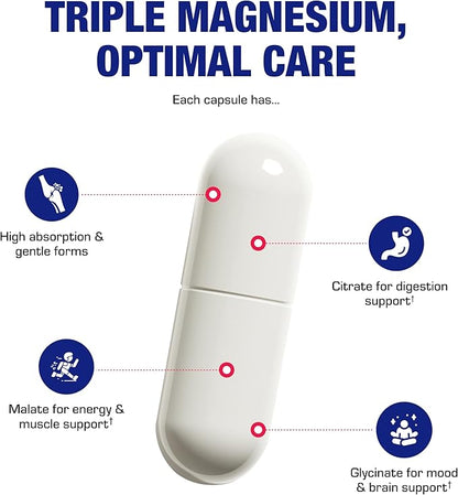 Triple Magnesium Complex 400 Mg - Clinical Formula Chelated Magnesium Supplement with Glycinate Malate and Citrate for Optimal Muscle Nerve Bone & Digestive Health Support - 1 Month Supply