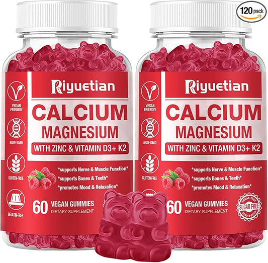 2 Pack Calcium Magnesium Zinc Gummies with Vitamin D3 Supplement, High Absorption Zinc Gummies for Bone & Teeth & Immune Health, Gluten-Free, Vegan, Kids & Adults, 120 Count
