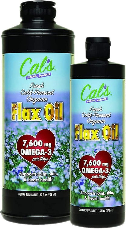 Cal's Flax Oil, Cold Pressed Flax seed, High in Omega 3 Fatty Acid, Unrefined Flax Seed Oil, Pure Flax Seed Oil Liquid Supplement for Joint, Skin, and Heart Health Support - 32 oz