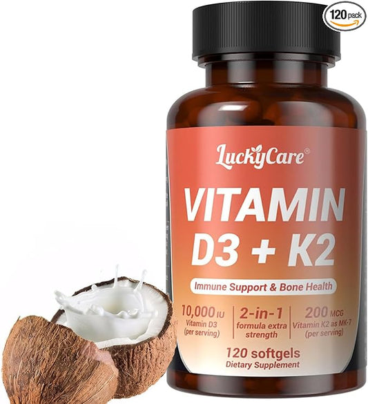 Vitamin D3 K2 10000 IU Plus K2 (MK-7) 200 mcg, 120 Coconut Oil Softgels| 2 in 1 VIT D & K Complex | Supports Calcium Absorption, Bone, Teeth, Heart & Immune Health,120Count