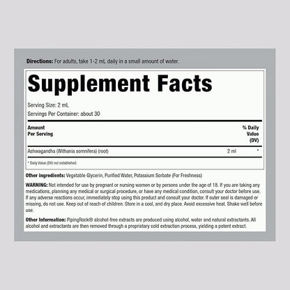 Piping Rock Ashwagandha Liquid Drops | 4 fl oz | Premium Herbal Root Extract | Alcohol Free Tincture | Vegetarian, Non-GMO, Gluten Free Supplement