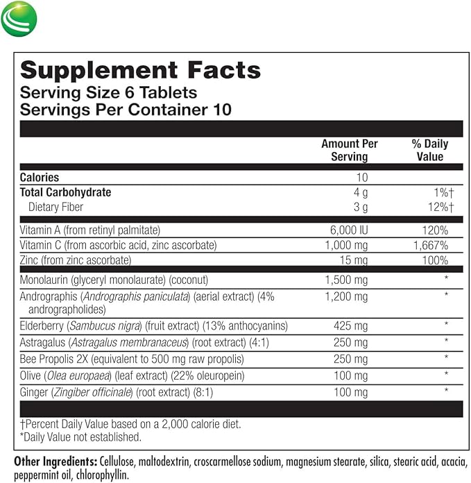 Nutra Biogenesis CompliVir - Monolaurin and Zinc Supplement for Men and Women, Immune Support for Adults with Vitamin C, Olive Leaf Extract, and Elderberry - 60 Tablets