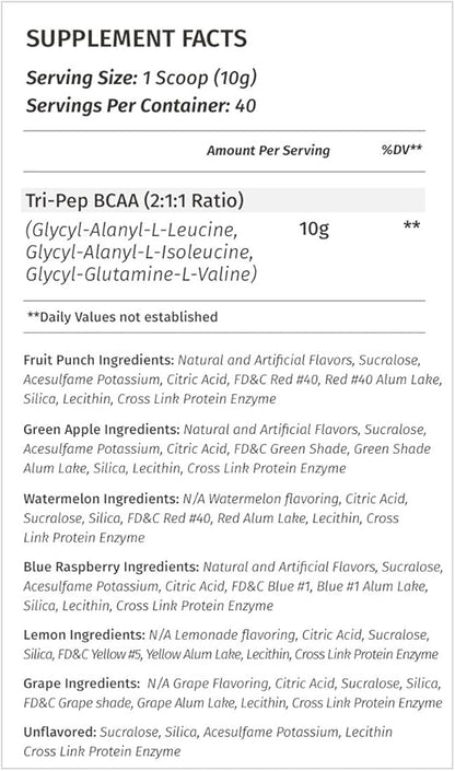 Metabolic Nutrition - TRIPEP - Tri-Peptide Branch Chain Amino Acid, BCAA Powder, Pre Intra Post Workout Supplement, Blue Raspberry, 400 Grams (40 Servings)
