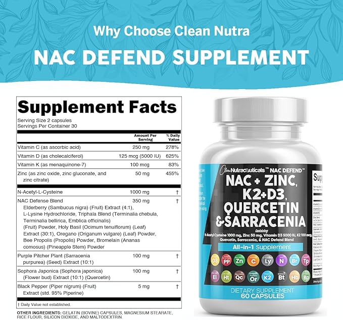 NAC Supplement N-Acetyl Cysteine Vitamin D3 K2 Zinc Quercetin Sarracenia Purpurea Immune Support | Elderberry Holy Basil Bee Propolis Bromelain L-Lysine Capsules Supplements For Women Men Adults