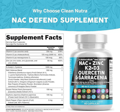 NAC Supplement N-Acetyl Cysteine Vitamin D3 K2 Zinc Quercetin Sarracenia Purpurea Immune Support | Elderberry Holy Basil Bee Propolis Bromelain L-Lysine Capsules Supplements For Women Men Adults