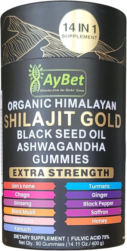 Organic Pure Himalayan Shilajit Gold Gummies for Men and Women, Black Seed Oil, Ashwagandha, Ginseng, Turmeric, Gokshura, Lion's None, Lab Tested,%75 Fulvic Acid, No Sugar Added, Halal, 90Gummy