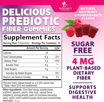 Fiber Supplement Gummies - Sugar-Free Daily Gummy for Adults Digestive Health & Regularity Support - 4g Prebiotic Plant Based Fiber Supplements Blend for Women & Men - Raspberry Flavor - 60 Gummies