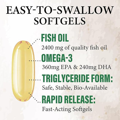 Triple Strength Omega 3 Fish Oil Supplement, EPA & DHA Fish Oil Omega 3 Essential Fatty Acids Supplement Softgels, 2400mg Brain & Heart Health Support Supplements - Gluten Free, Non-GMO, 120 Softgels