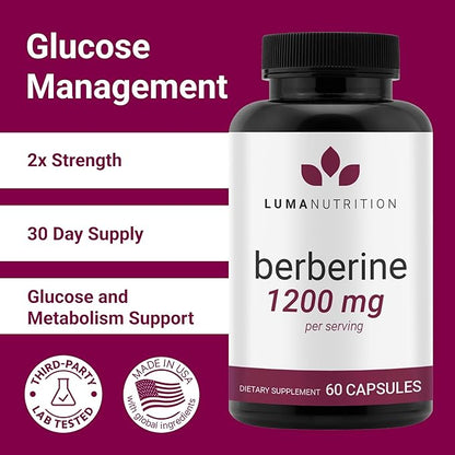 Luma Nutrition Berberine Supplement - Berberine HCL 1200mg Per Serving - Vegan, Gluten Free, Non-GMO - 60 Capsules