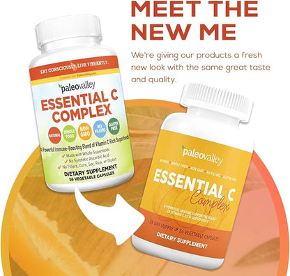 Paleovalley Essential C Complex - Vitamin C Supplement for Immune Support - 3 Pack, 450mg - From Organic Superfoods Unripe Acerola Cherry, Camu Camu, Amla Berry - No Synthetic Ascorbic Acid - USA Made