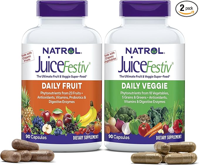 Natrol JuiceFestiv Daily Fruit & Veggie with SelenoExcell and Whole-Food [Phyto]Nutrients, Dietary Supplement Supports Better Nutrition (& overall well-being), 90 Capsules (Pack of 2), 45 Day Supply