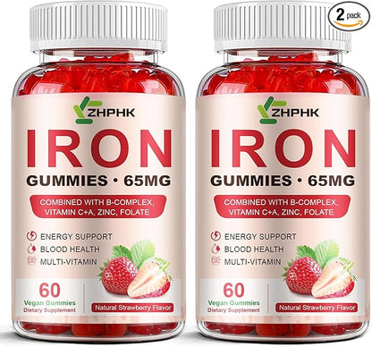 Iron Supplement Gummies for Women, Men & Kids, 65mg Iron & 250mg Vitamin C per Serving - Healthy Blood, Energy & Immune Support Iron Vitamin Gummy with Folate, 2 Pack