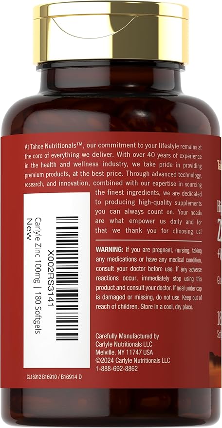 Carlyle Zinc Supplement 100mg with Vitamin C | 180 Softgels | Non-GMO, Gluten Free | Tahoe Nutritionals