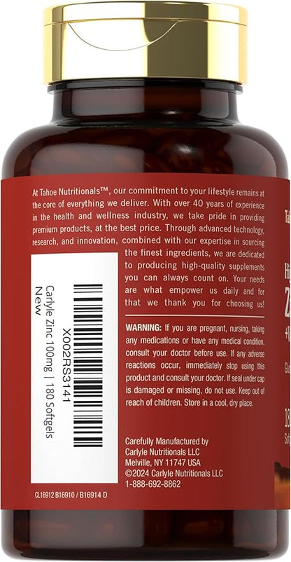 Carlyle Zinc Supplement 100mg with Vitamin C | 180 Softgels | Non-GMO, Gluten Free | Tahoe Nutritionals