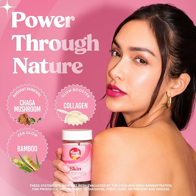 Super Cute Gummies - Mushroom Supplement for Teens - Healthy Hair, Skin, and Nails for Teenage Boys & Girls - Biotin, Chaga, Collagen Peptides, Keratin, Vitamin C, Bamboo Extract (30 Mushroom Gummies)