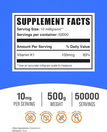 BulkSupplements.com Vitamin K1 Powder - 1%, Vitamin K Supplement, Vitamin K-1 100mcg - Gluten Free, 10mg per Serving, 500g (1.1 lbs) (Pack of 1)