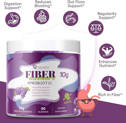 10G Fiber Gummies for Adults, No Sugar Added Grape Flavor, Fiber Supplement with 30 Billion CFU Probiotics Blend, ACV, Vitamin C, Inulin, Support Digestive Health, 90 Count