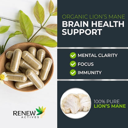 Renew Actives Premium Organic Lion's Mane Mushroom 1100MG per 2 Capsules - Supports Brain Function, Memory, Focus, Stress Relief & Immune Health, Non-GMO, Vegan - Made in Canada - 120 Capsules