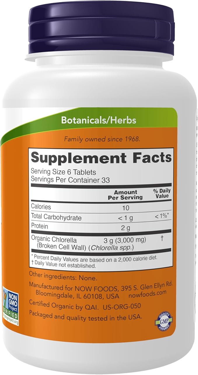 NOW Foods Supplements, Organic Chlorella 500 mg with naturally occurring Chlorophyll, Beta-Carotene, mixed Carotenoids, Vitamin C, Iron and Protein, 200 Tablets