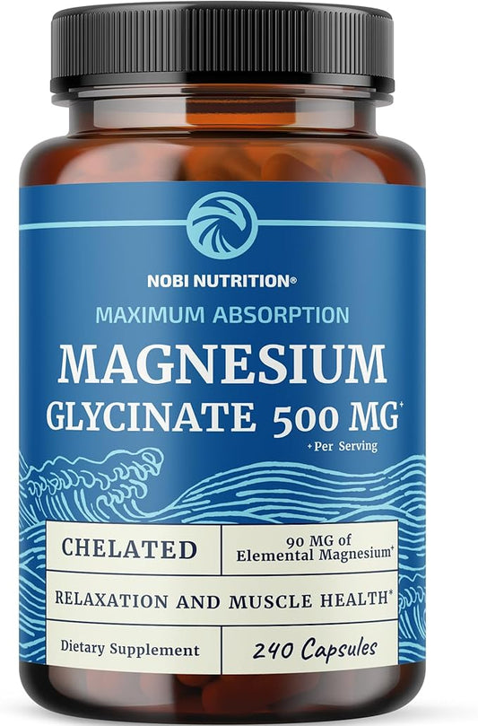 Magnesium Glycinate 500mg | Chelated for High Absorption | Muscle Relaxation, Bones, Heart, Nerve, Sleep & Calm Support for Women & Men | Magnesium Chelate Supplement & Bisglycinate Complex | 240ct