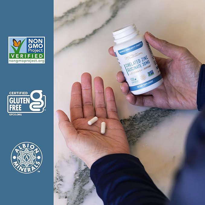 Chelated Zinc Supplements | Zinc Glycinate 30mg | Highly-Absorbable TRAACS Chelated Bisglycinate, Vitamin B6 and BioPerine | Immune Support, Acne & Energy | Non-GMO, Gluten-Free | 120 Capsules