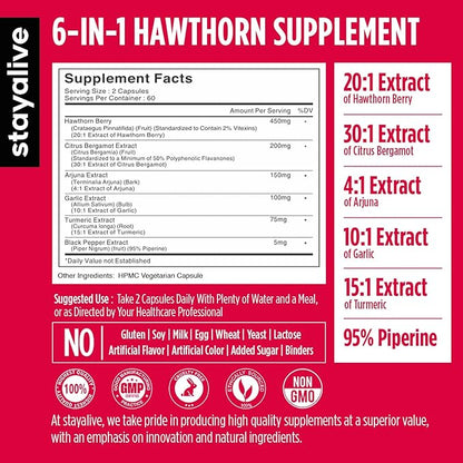 STAY ALIVE Extra Strength Hawthorn Berry Capsules, 20:1 Extract, 6-in-1 Antioxidant w/Citrus Bergamot, Turmeric Root Powder, Garlic, Arjuna & Black Pepper, 120 Vegan Pills, Hawthorne Berry Supplement
