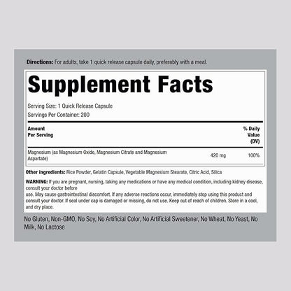 Piping Rock Triple Magnesium Complex | 420 mg | 200 Capsules | Magnesium Oxide, Citrate, and Aspartate Supplement | Non-GMO, Gluten Free