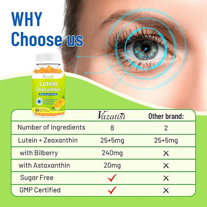 Eye Vitamins Lutein & Zeaxanthin Gummies, Sugar Free Eye Health Supplements with Bilberry, Astaxanthin - Support Blue Light, Visual Function and Macular Health - Mango Flavored, 120 Count
