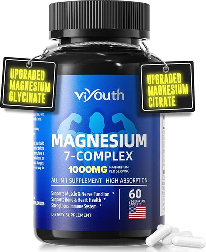 Glycinate Supplement, Magnesium 7 Complex Advanced with Citrate Malate Chelate Taurate Orotate Aspartate, Capsules with Zinc, Vitamin D3 & B6 for Sleep, Muscle Relief, 60 Capsules