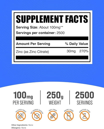 BulkSupplements.com Zinc Citrate Powder - Zinc Supplements, Zinc 30mg, Zinc Powder - Pure Zinc Citrate, for Immune Support - Gluten Free, 100mg per Serving, 250g (8.8 oz)