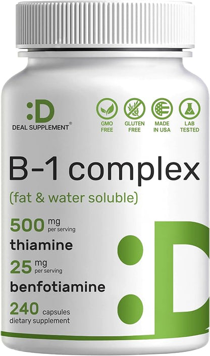 Deal Supplement Vitamin B1 500mg with Benfotiamine, 240 Capsules – 2 in 1 Enhanced Formula – Fat & Water Soluble Thiamine B1 Supplement – Third Party Tested, Non-GMO, No Gluten