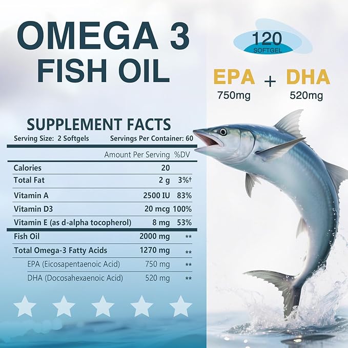 NATURE TARGET Omega 3 Fish Oil 2000mg Softgels with Vitamin D3 & E & A - EPA & DHA- Max-Absorption, Supports Heart, 120 Softgels