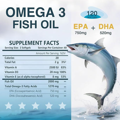 NATURE TARGET Omega 3 Fish Oil 2000mg Softgels with Vitamin D3 & E & A - EPA & DHA- Max-Absorption, Supports Heart, 120 Softgels