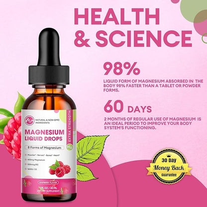 (3 Pack) Magnesium Liquid - 8 in 1 Magnesium Complex Drops with Magnesium Glycinate,Citrate,Malate,Taurate,Magnesium Complex Supplement for Brain,Night,Muscle,Bone,Cramps, Raspberry Flavor