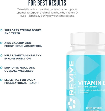 Revive MD Vitamin D3 Supplement, 5000 IU - High Potency Cholecalciferol for Immune Support, Calcium Absorption, Bone & Muscle Health - Non-GMO Dietary Supplement with No Fillers - 60 Softgels