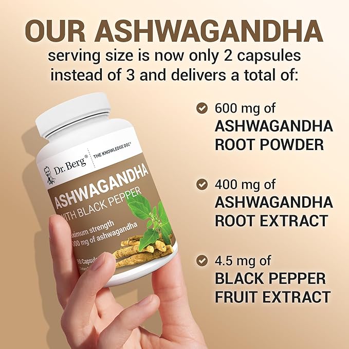 Dr. Berg Ashwagandha Capsules 1000mg - Includes Ashwagandha Root with Black Pepper from Bioperine - Ashwagandha Supplements 90 Capsules