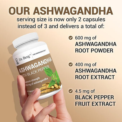Dr. Berg Ashwagandha Capsules 1000mg - Includes Ashwagandha Root with Black Pepper from Bioperine - Ashwagandha Supplements 90 Capsules