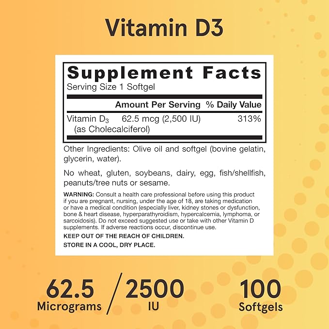 Jarrow Formulas Vitamin D3 62.5 mcg (2,500 IU) - 100 Servings (Softgels) - Bone Health, Immune Support & Calcium Metabolism Support - Vitamin D Supplement - D3 Vitamins - 2500 Vitamin D - Gluten Free