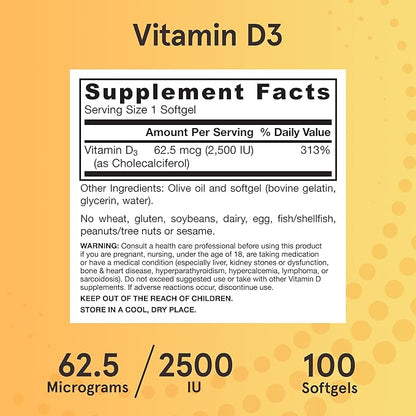 Jarrow Formulas Vitamin D3 62.5 mcg (2,500 IU) - 100 Servings (Softgels) - Bone Health, Immune Support & Calcium Metabolism Support - Vitamin D Supplement - D3 Vitamins - 2500 Vitamin D - Gluten Free