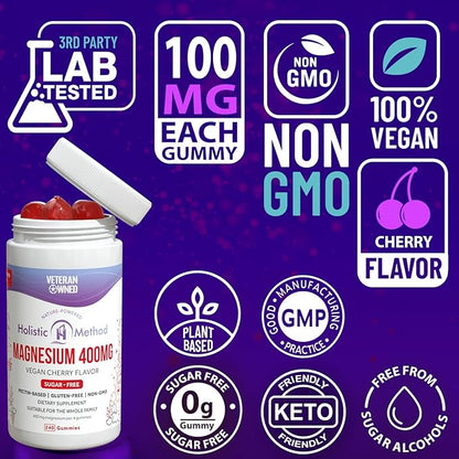 Magnesium Citrate Gummies - Sugar-Free, Vegan and Non-GMO for Better Sleep and Relaxation - No Sugar Alcohol - Magnesium Supplement for Adults, Teens and Kids - Cherry - 240 Chews