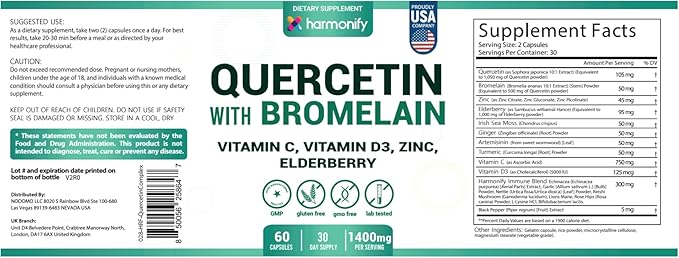 Quercetin with Bromelain, Immune Blend Supplements with Zinc Elderberry Vitamin C & D 5000 IU, Artemisinin, Irish Sea Moss, Echinacea, Garlic, Turmeric, Reishi and Ginger Powder, 1400 mg