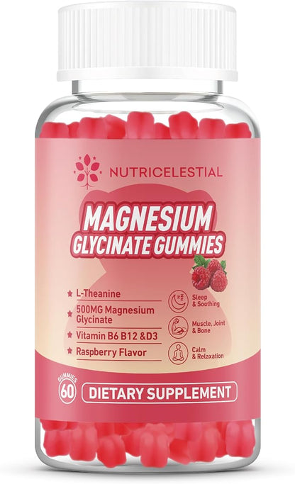 Magnesium Glycinate Gummies 500mg, High Absorption Magnesium Supplement, Suitable for Adults, Sugar-Free, Gelatin-Free, Vegan Friendly, Non-GMO, 60 Raspberry-Flavored Gummies
