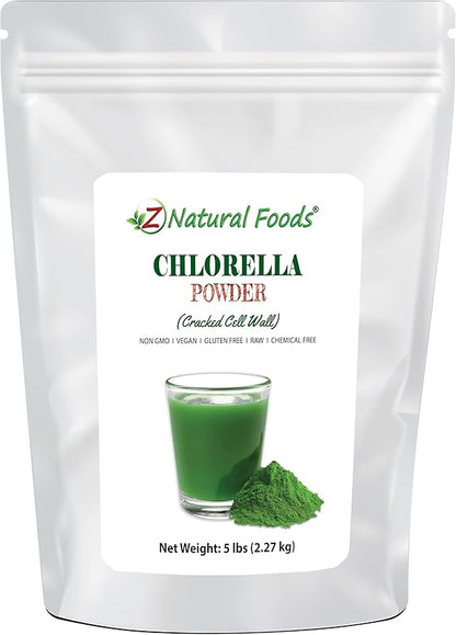 Z Natural Foods Chlorella Powder, Cracked Cell Wall Plant Protein, Blue Green Algae Superfood Powder, Perfect for Smoothies, Drinks, Recipes, Raw, Non GMO, Gluten Free, Vegan, 5 lbs