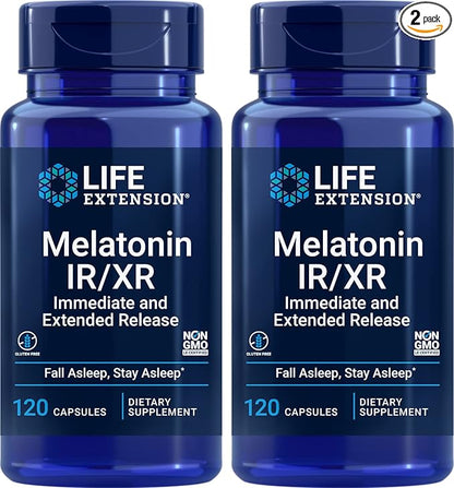 Life Extension Melatonin IR/XR, 120 Capsules (Pack of 2) - Immediate & Extended-Release for 7 Hours Support - Night Time Supplement - Stay Asleep All Night Long - Non-GMO, Gluten-Free
