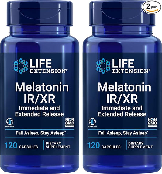 Life Extension Melatonin IR/XR, 120 Capsules (Pack of 2) - Immediate & Extended-Release for 7 Hours Support - Night Time Supplement - Stay Asleep All Night Long - Non-GMO, Gluten-Free